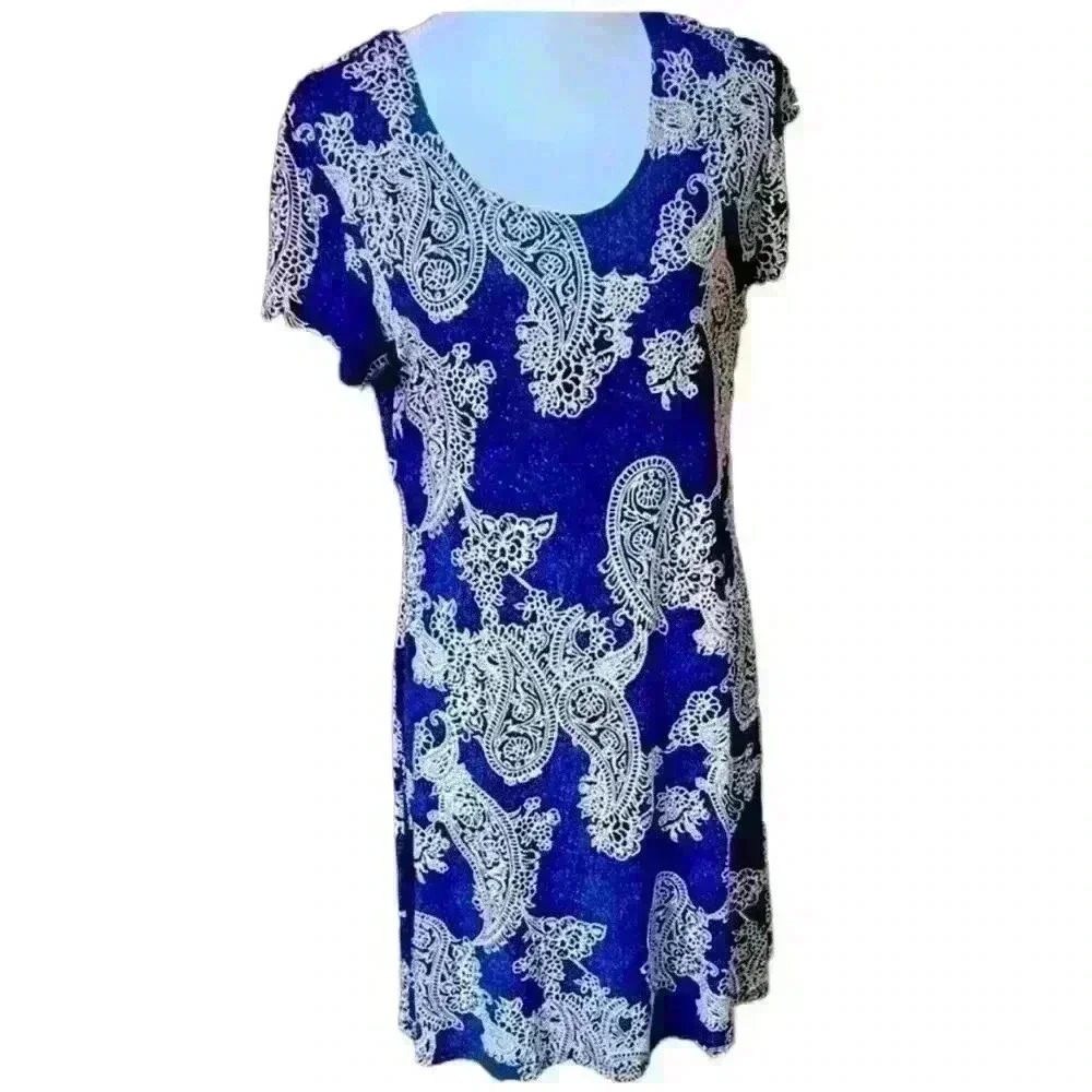 Vasna ladies Midi dress size M Blue Paisley Pullover Casual Stretch TRAVEL - Picture 7 of 15